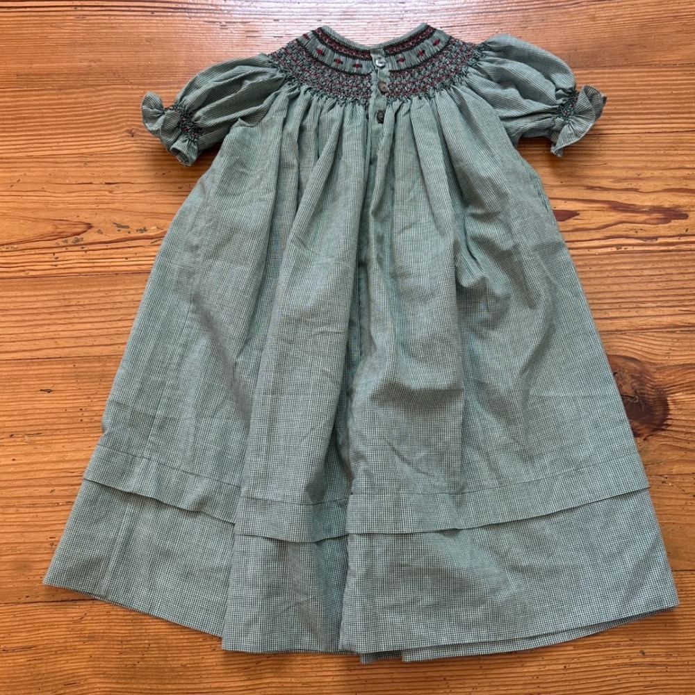Another One of Heather's Smocked‎ Bishop Dress Kids Green Gingham SIZE 23in L - Picture 7 of 8